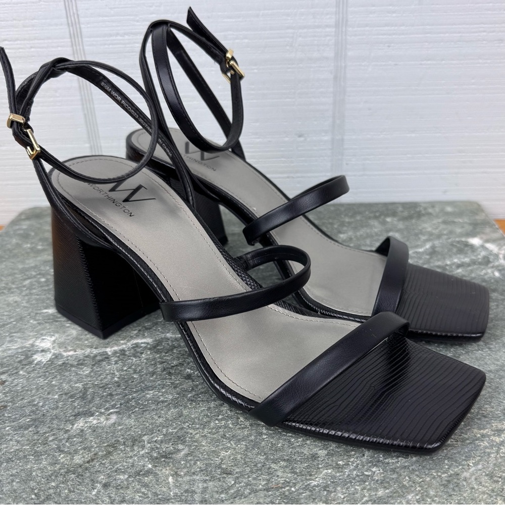 Worthington Wor Pico Black Strappy Block Heels Square Toe Snakeskin Ankle Strap